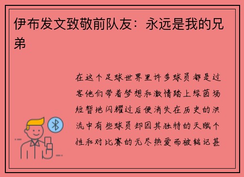 伊布发文致敬前队友：永远是我的兄弟
